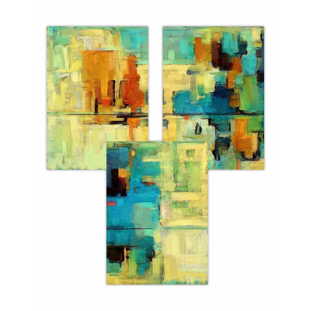 Set of 3 Geometric Abstract Strokes In Bright Green and Blue Wall Art Prints