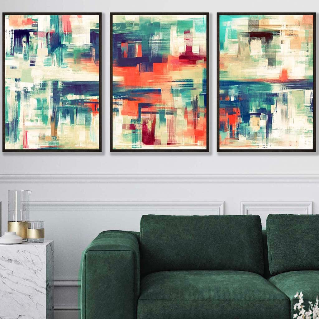 Set of 3 Geometric Abstract Strokes In Blue Teal and Red Wall Art Prints