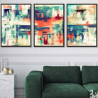 Set of 3 Geometric Abstract Strokes In Blue Teal and Red Wall Art Prints