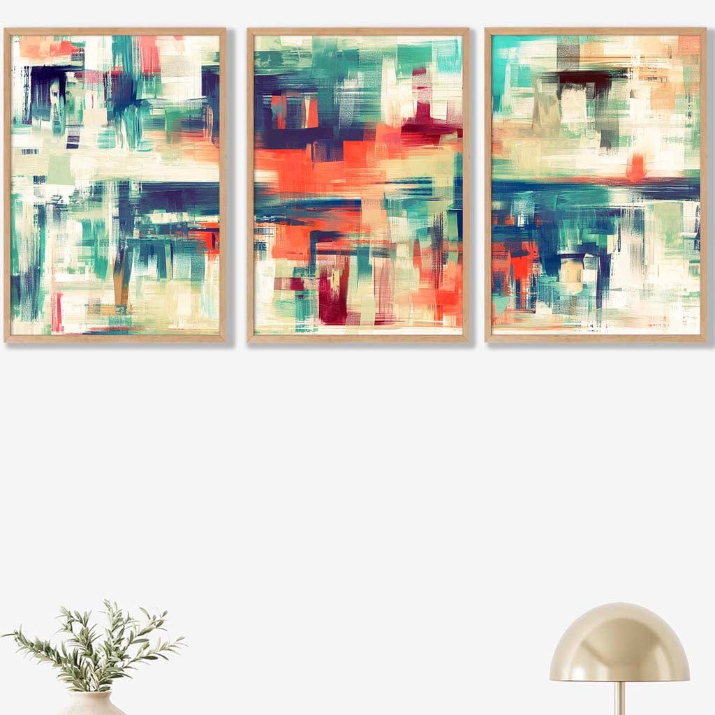 Set of 3 Geometric Abstract Strokes In Blue Teal and Red Wall Art Prints
