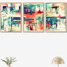 Set of 3 Geometric Abstract Strokes In Blue Teal and Red Wall Art Prints