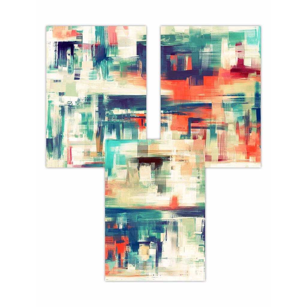 Set of 3 Geometric Abstract Strokes In Blue Teal and Red Wall Art Prints