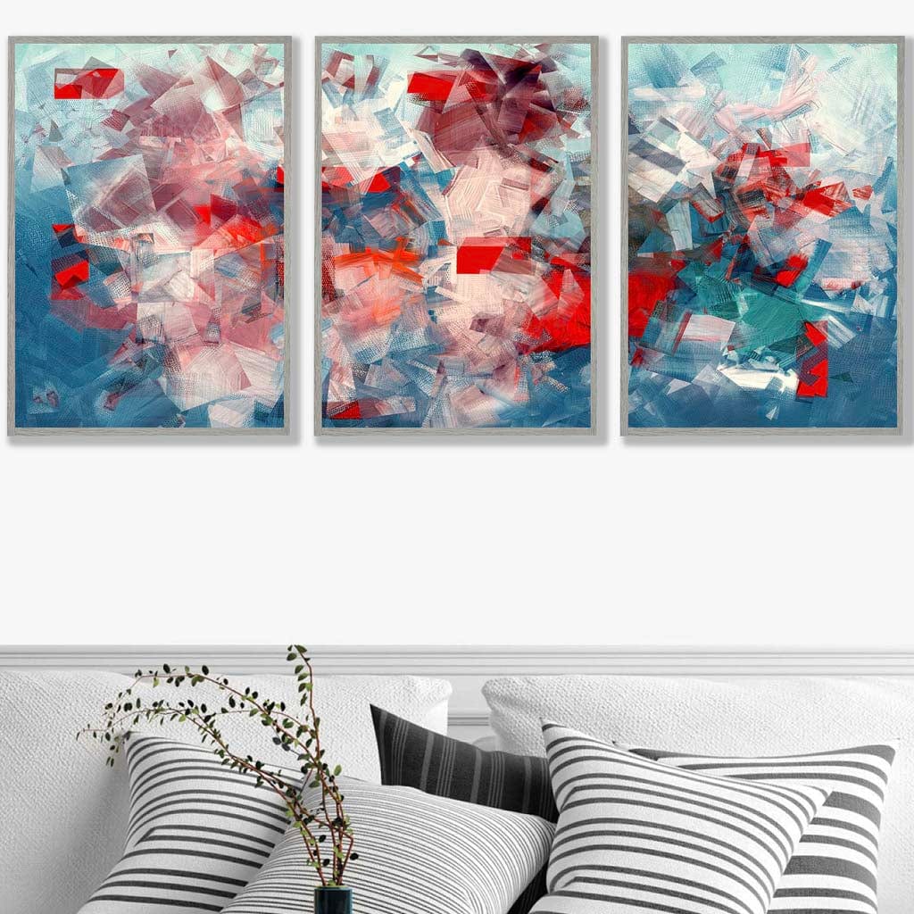 Set of 3 Geometric Abstract Squares In Red White and Blue Wall Art Prints