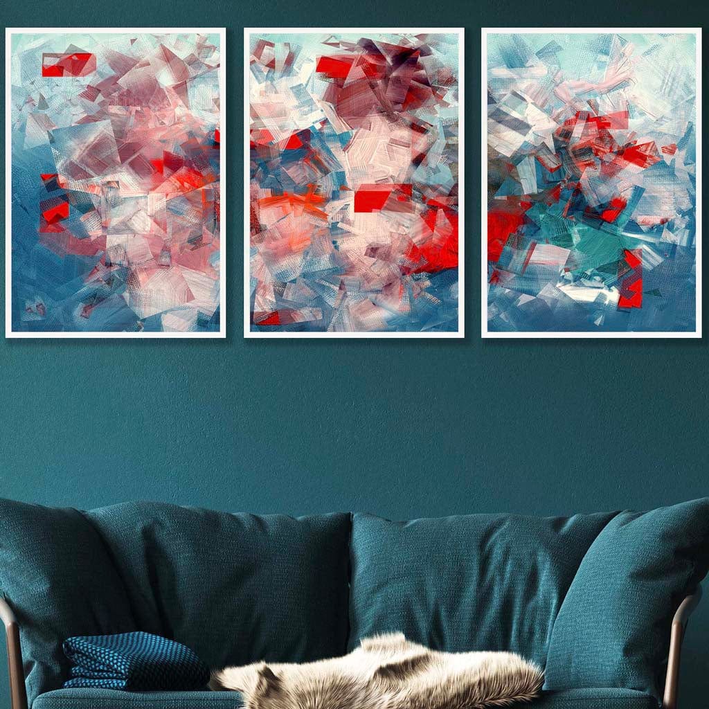 Set of 3 Geometric Abstract Squares In Red White and Blue Wall Art Prints