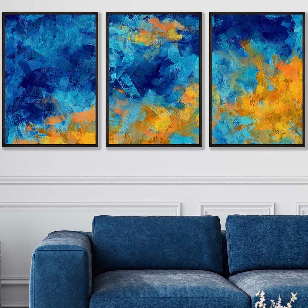 Set of 3 Geometric Abstract Cerulean Shore In Blue and Yellow Wall Art Prints