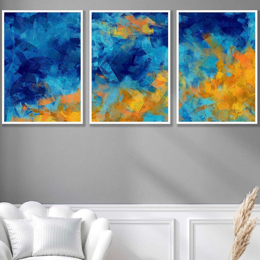 Set of 3 Geometric Abstract Cerulean Shore In Blue and Yellow Wall Art Prints