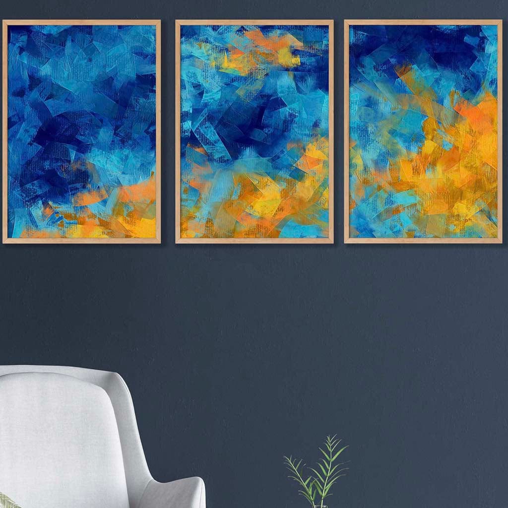 Set of 3 Geometric Abstract Cerulean Shore In Blue and Yellow Wall Art Prints