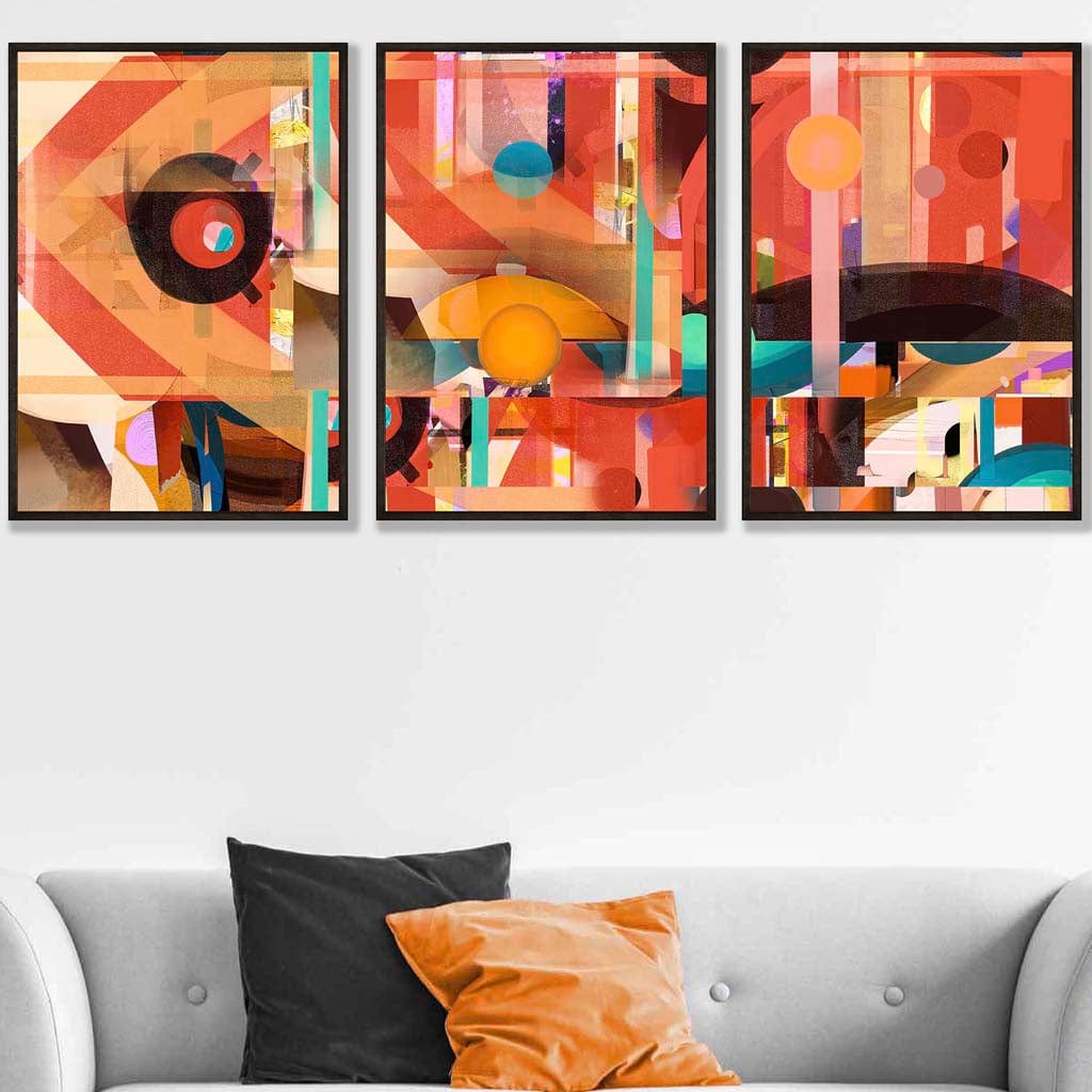 Set of 3 Modern Abstract in Red and Orange Wall Art Prints