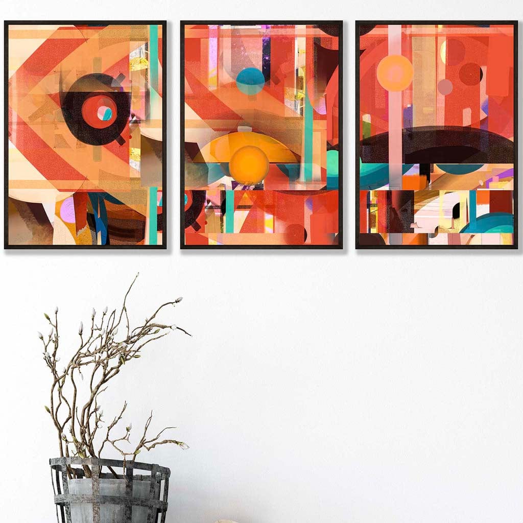 Set of 3 Modern Abstract in Red and Orange Wall Art Prints