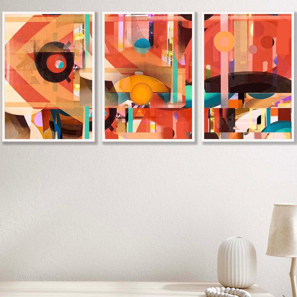 Set of 3 Modern Abstract in Red and Orange Wall Art Prints