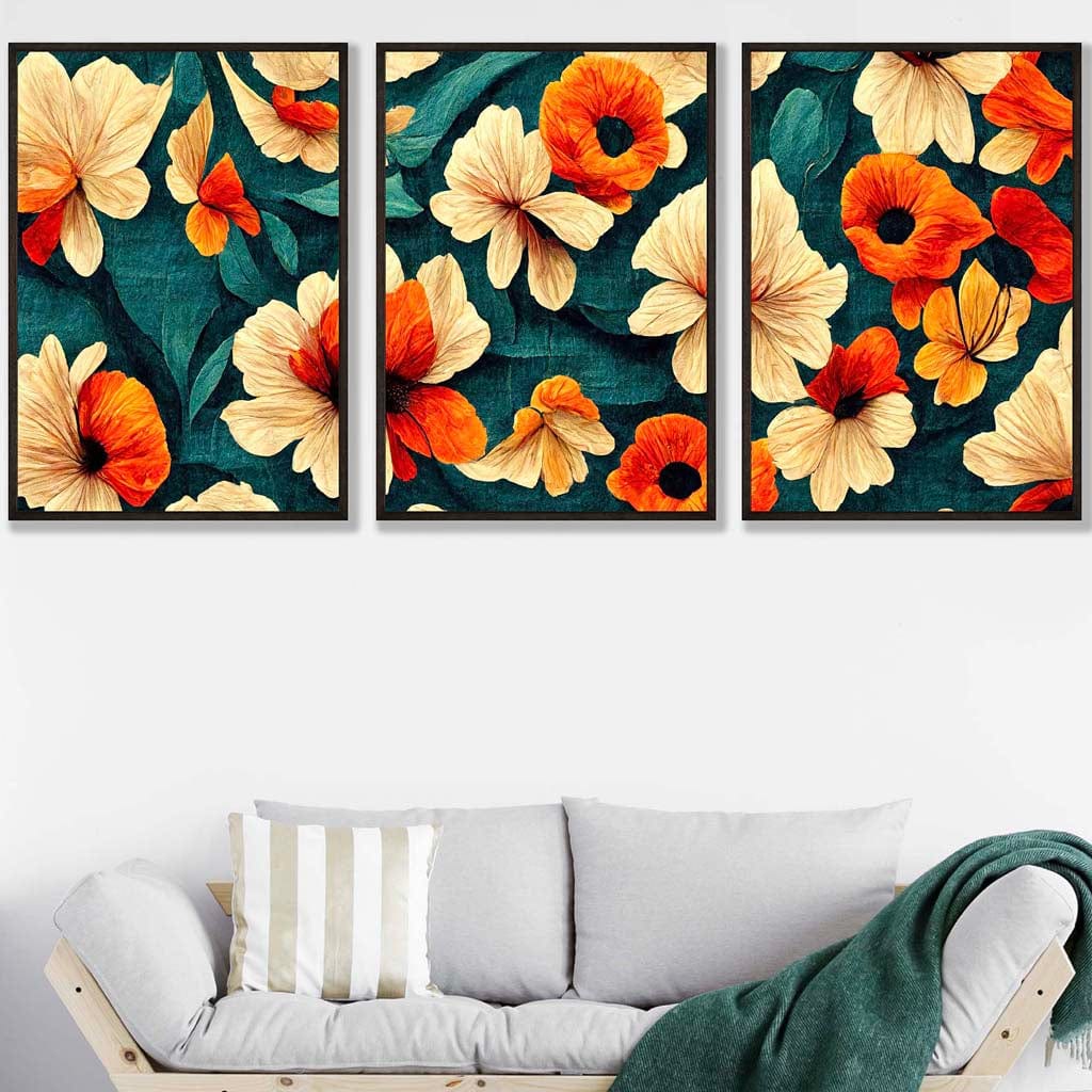 Set of 3 Abstract Oriental Stylized Flowers in Teal and Orange Wall Art Prints