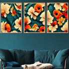 Set of 3 Abstract Oriental Stylized Flowers in Teal and Orange Wall Art Prints