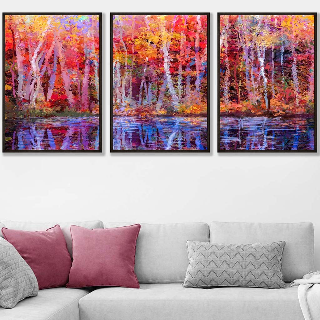Set of 3 Abstract Summer Trees in Purple and Orange Wall Art Prints