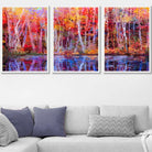 Set of 3 Abstract Summer Trees in Purple and Orange Wall Art Prints