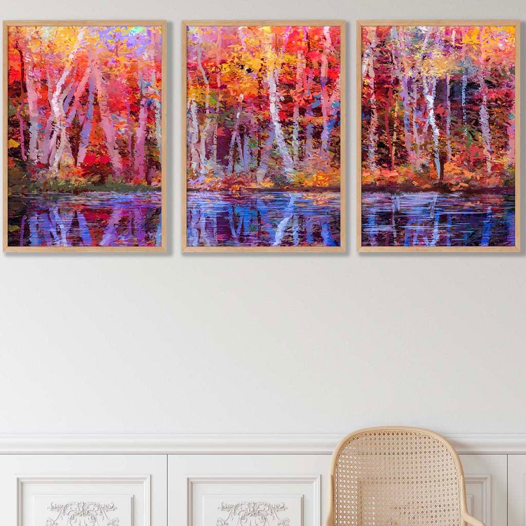 Set of 3 Abstract Summer Trees in Purple and Orange Wall Art Prints