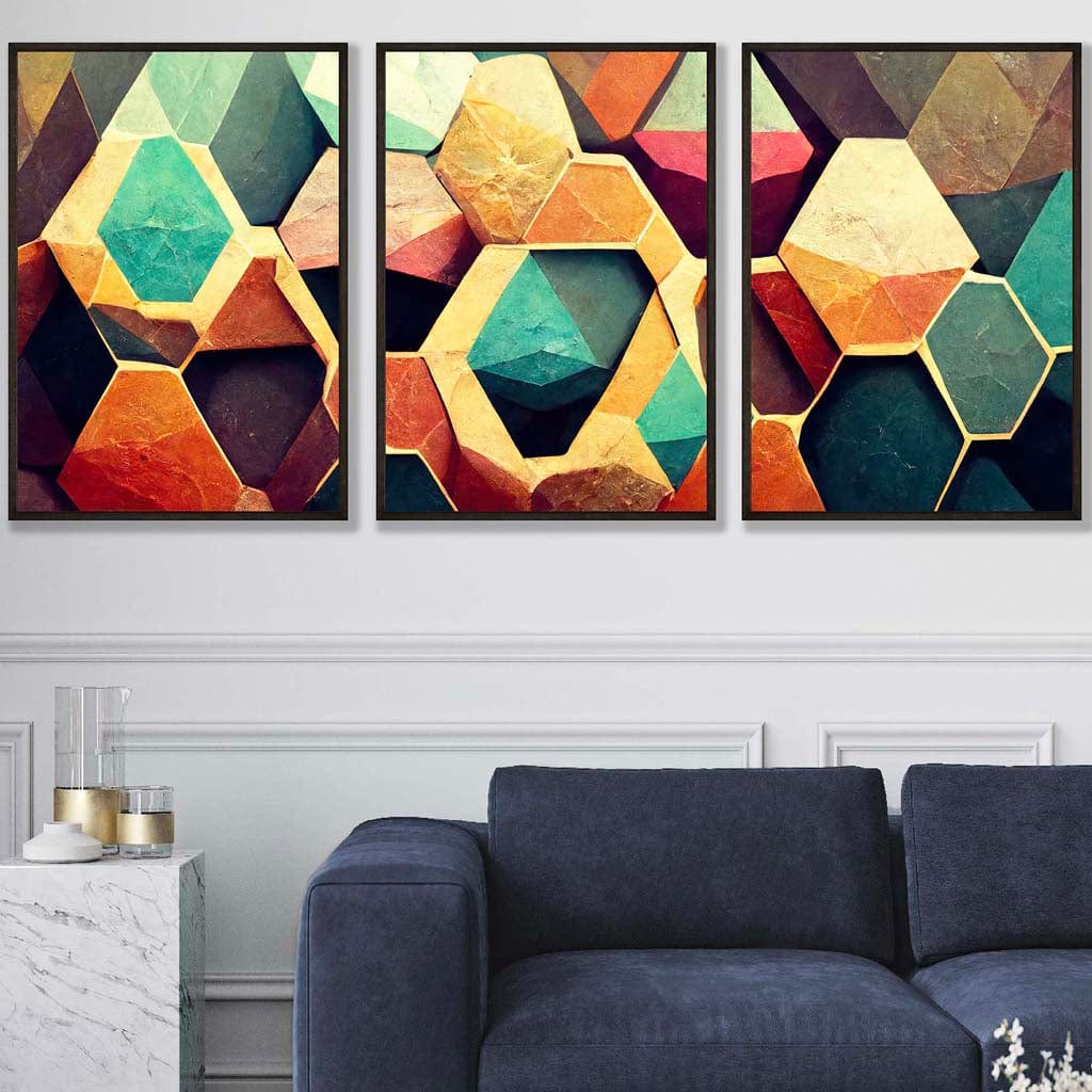 Set of 3 Geometric Abstract Colourful Hexagons Wall Art Prints