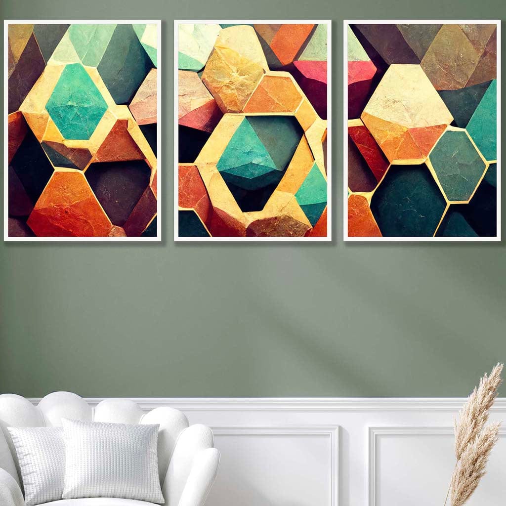 Set of 3 Geometric Abstract Colourful Hexagons Wall Art Prints
