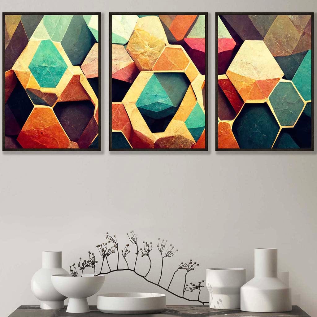 Set of 3 Geometric Abstract Colourful Hexagons Wall Art Prints