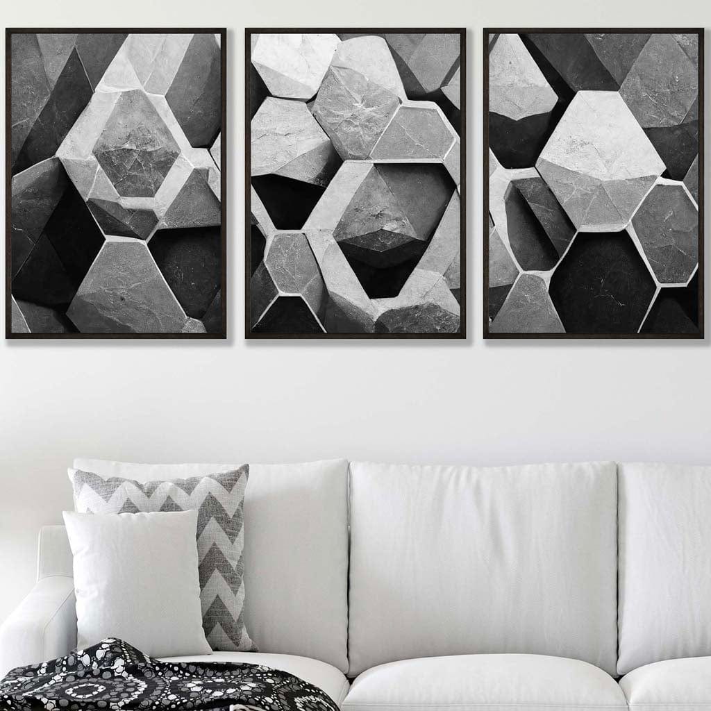 Set of 3 Geometric Abstract Black and Grey Hexagons Wall Art Prints