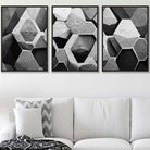 Set of 3 Geometric Abstract Black and Grey Hexagons Wall Art Prints