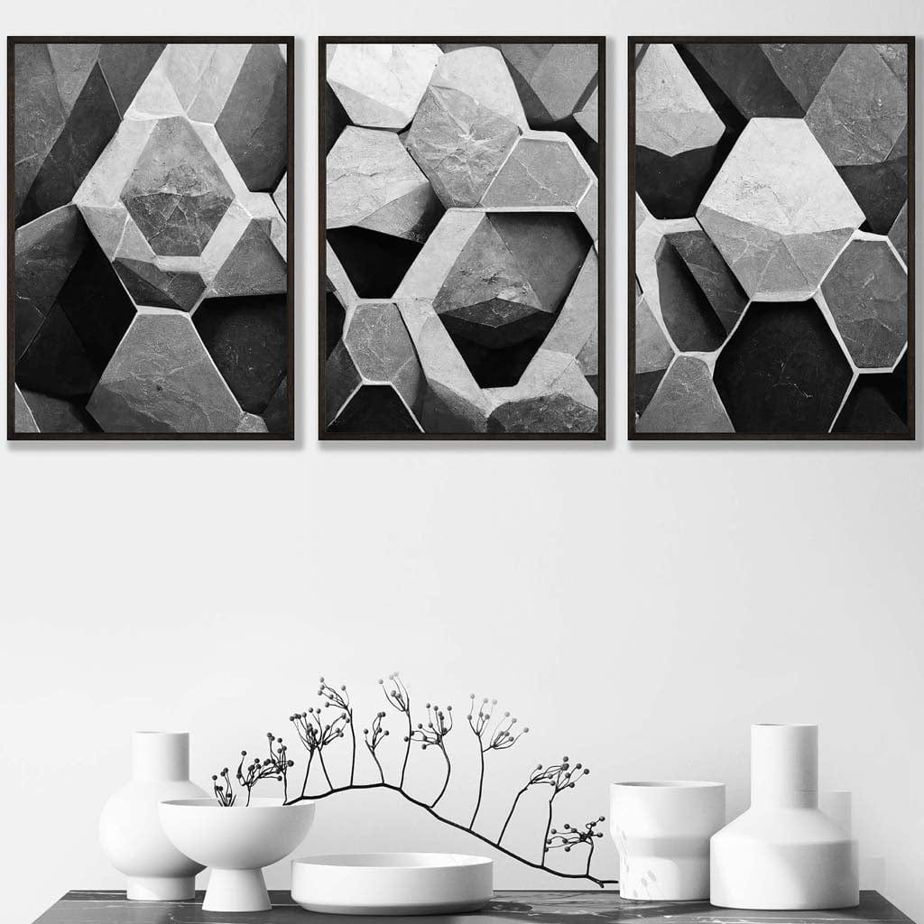 Set of 3 Geometric Abstract Black and Grey Hexagons Wall Art Prints