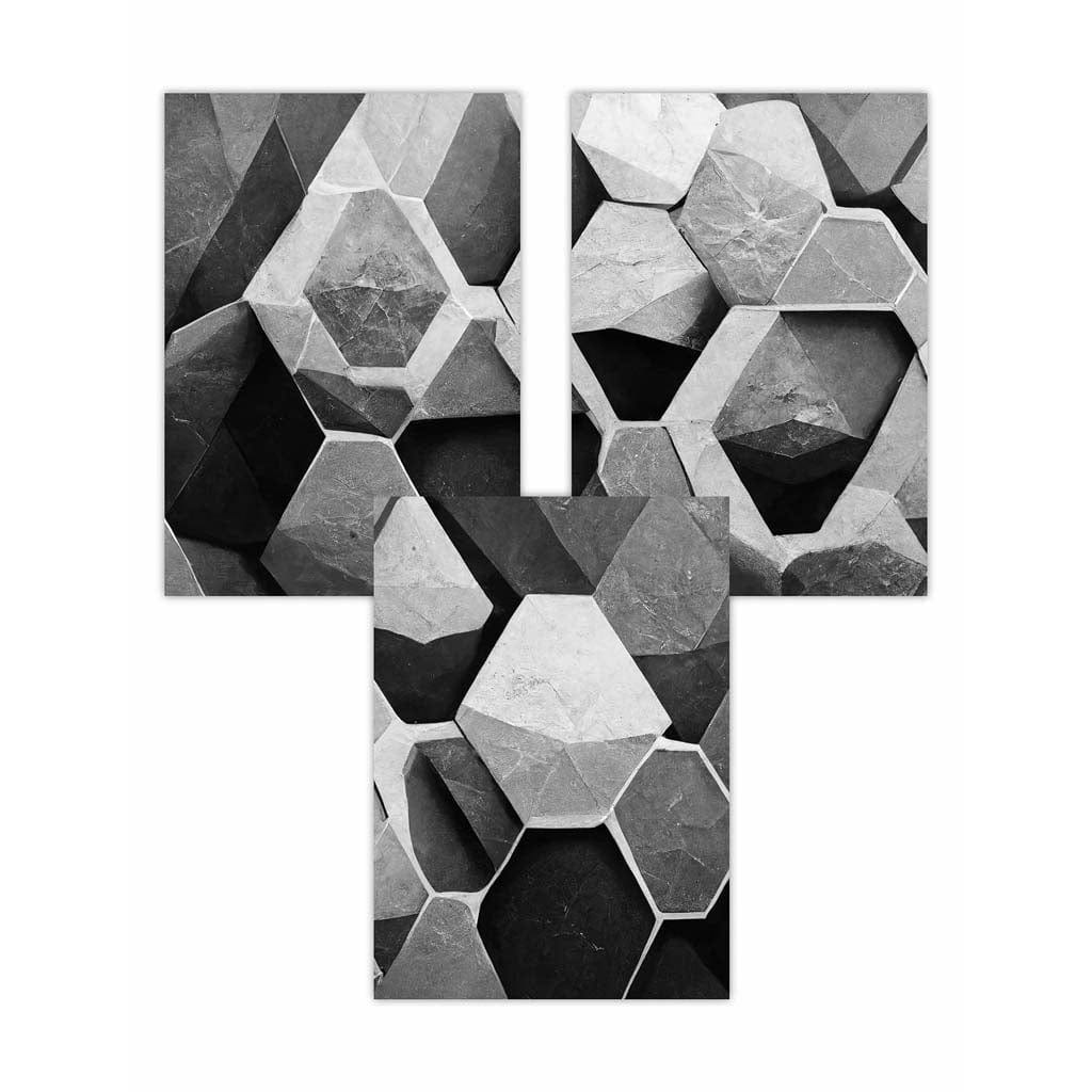 Set of 3 Geometric Abstract Black and Grey Hexagons Wall Art Prints