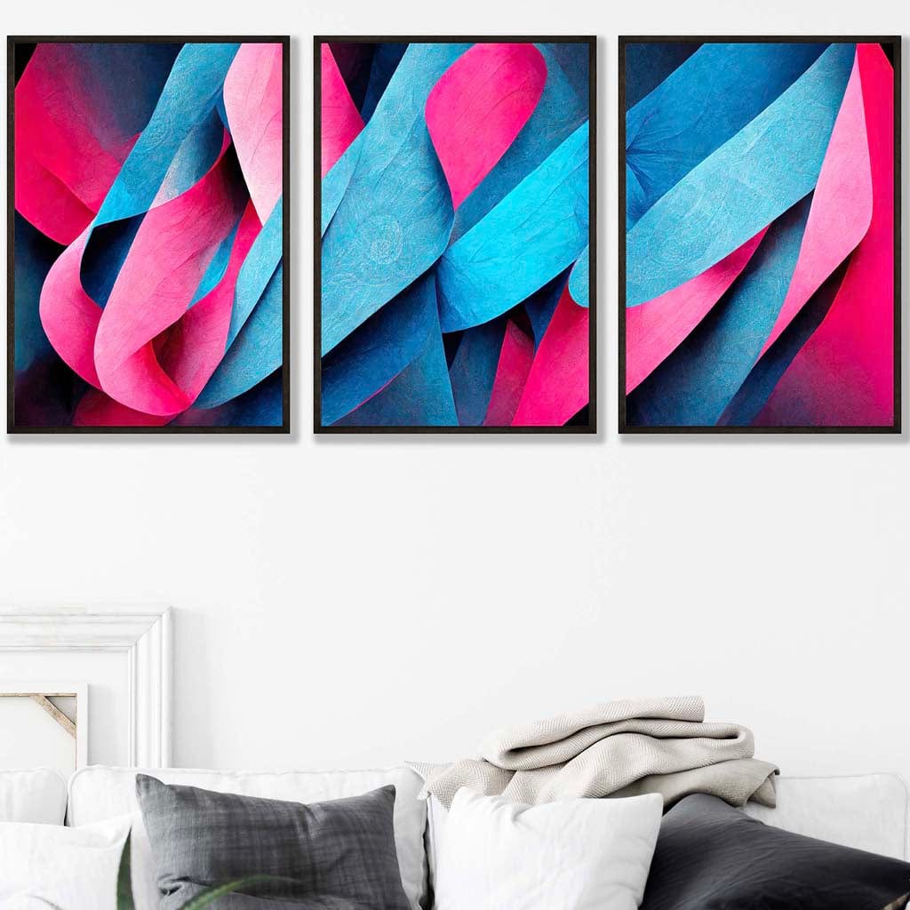 Set of 3 Geometric Abstract Bright Blue and Hot Pink Deco Shapes Wall Art Prints