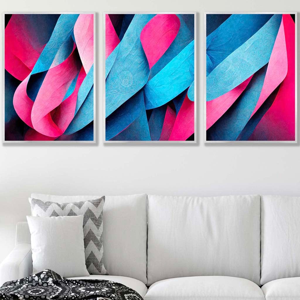Set of 3 Geometric Abstract Bright Blue and Hot Pink Deco Shapes Wall Art Prints