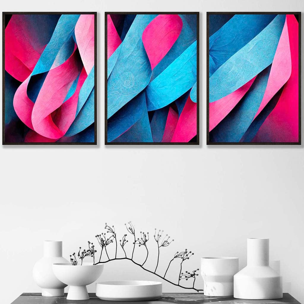 Set of 3 Geometric Abstract Bright Blue and Hot Pink Deco Shapes Wall Art Prints