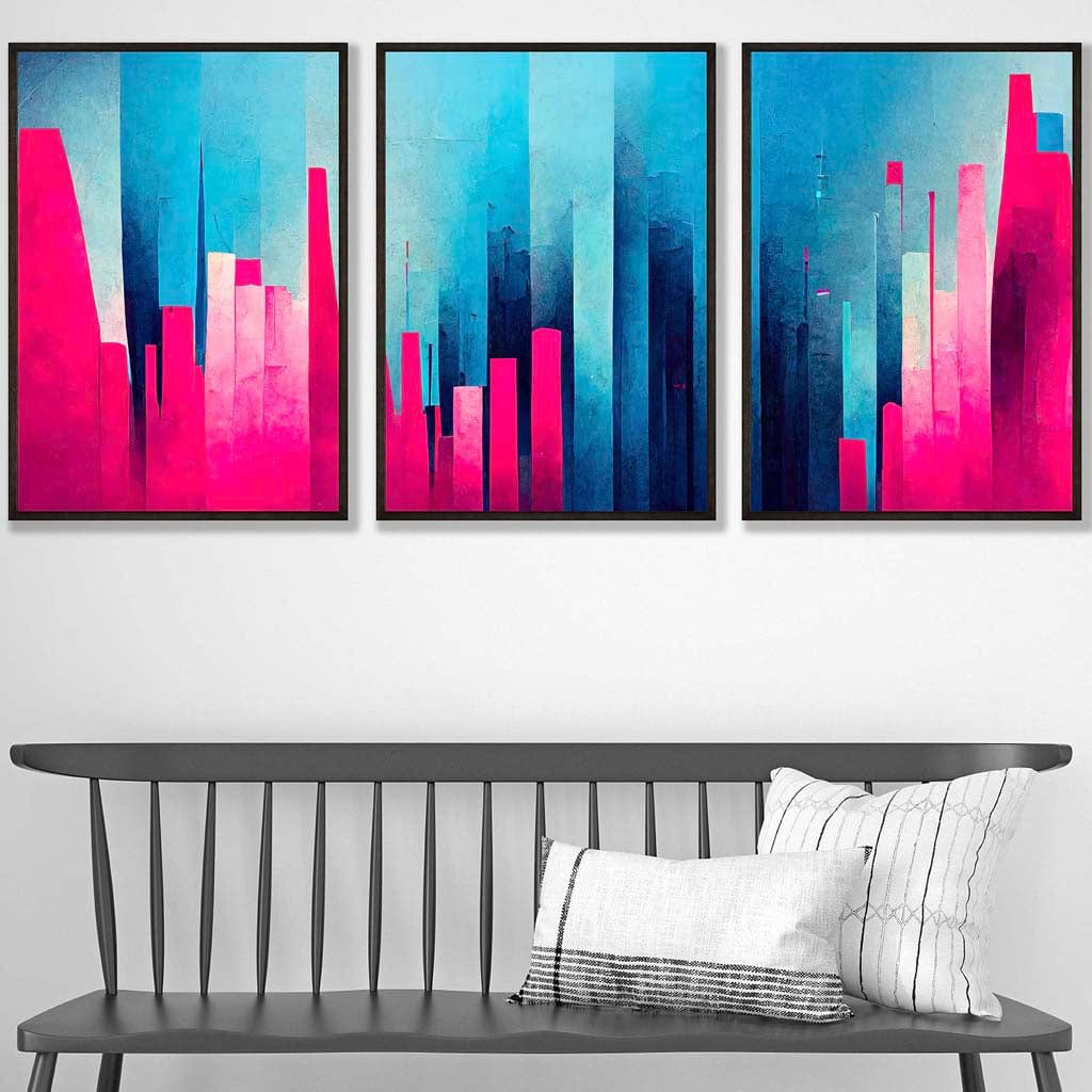 Set of 3 Geometric Abstract Bright Blue and Hot Pink Miami Wall Art Prints