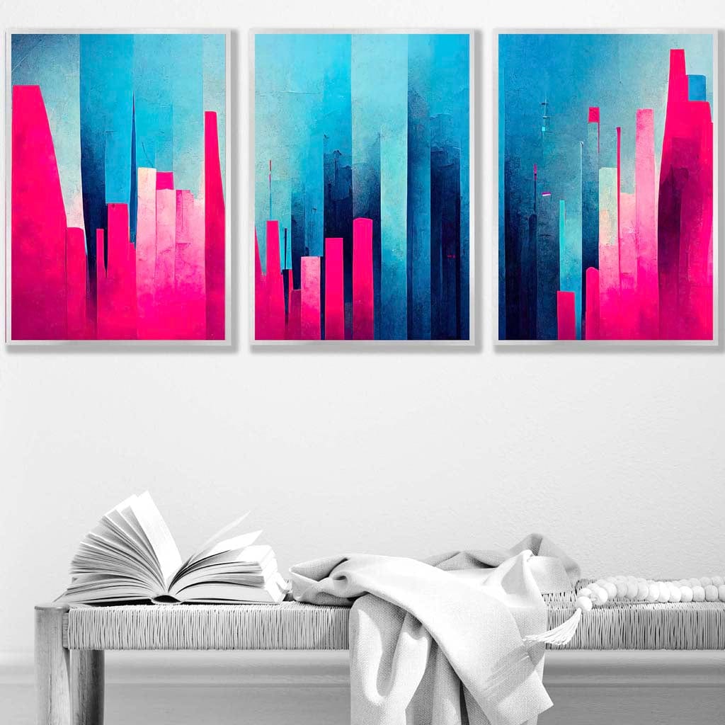 Set of 3 Geometric Abstract Bright Blue and Hot Pink Miami Wall Art Prints
