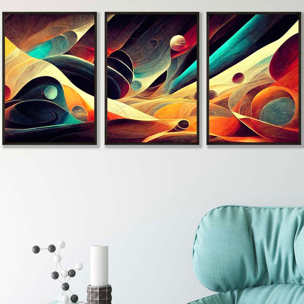 Set of 3 Geometric Abstract Bright Orange Blue and Yellow Mars Wall Art Prints