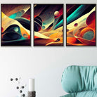Set of 3 Geometric Abstract Bright Orange Blue and Yellow Mars Wall Art Prints