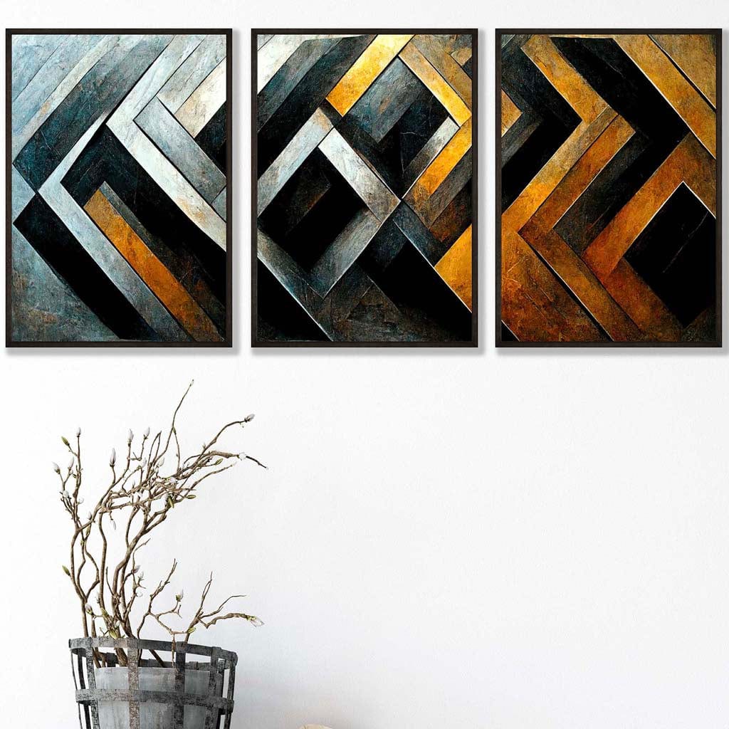 Set of 3 Abstract Metallic Distressed Mosaic Wall Art Prints