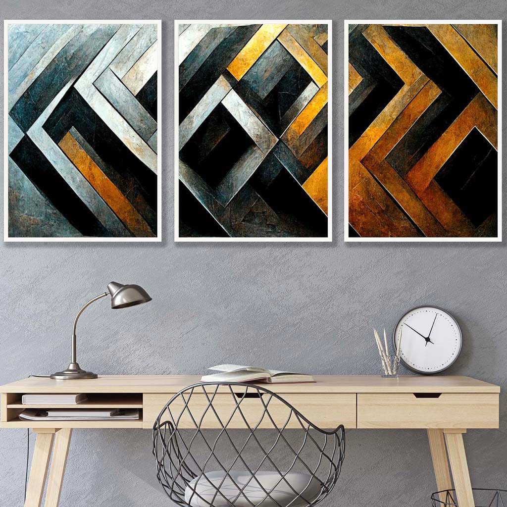 Set of 3 Abstract Metallic Distressed Mosaic Wall Art Prints