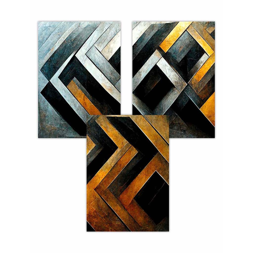 Set of 3 Abstract Metallic Distressed Mosaic Wall Art Prints