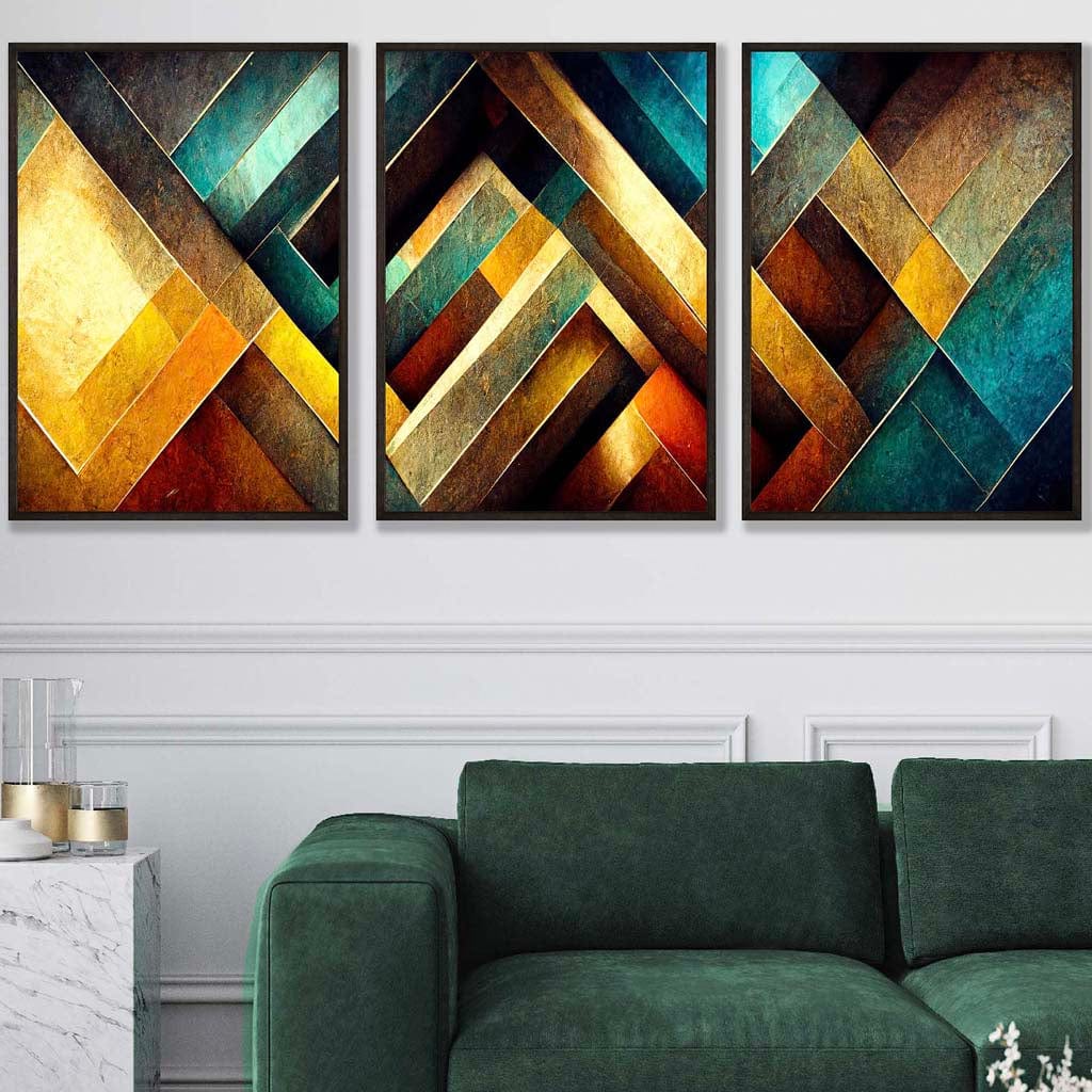 Set of 3 Abstract Multi Yellow Blue Distressed Mosaic Wall Art Prints
