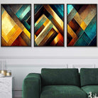 Set of 3 Abstract Multi Yellow Blue Distressed Mosaic Wall Art Prints