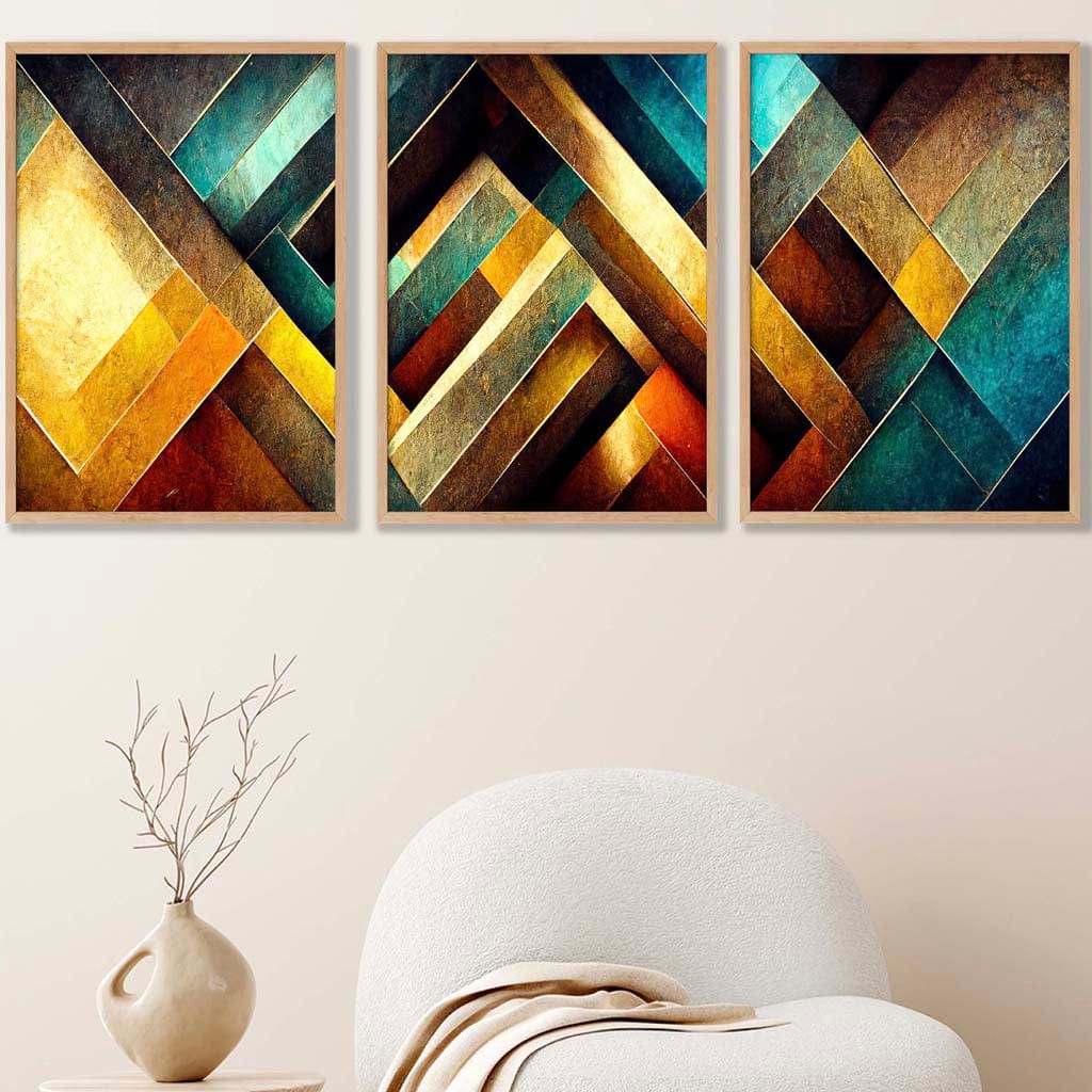 Set of 3 Abstract Multi Yellow Blue Distressed Mosaic Wall Art Prints