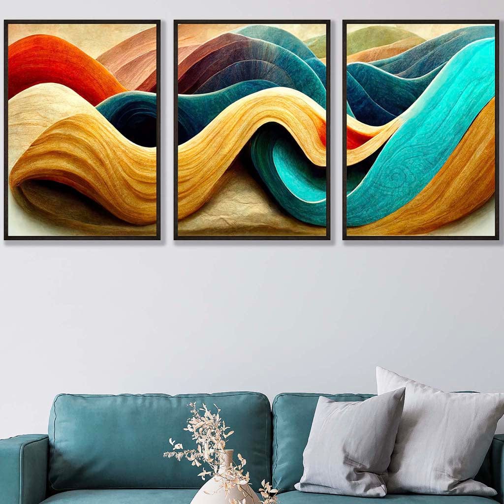 Set of 3 Abstract Yellow Blue Cerulean Waves Wall Art Prints