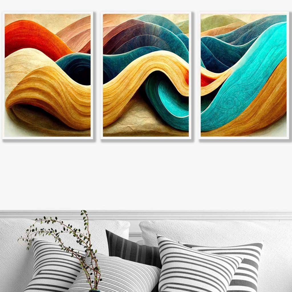 Set of 3 Abstract Yellow Blue Cerulean Waves Wall Art Prints