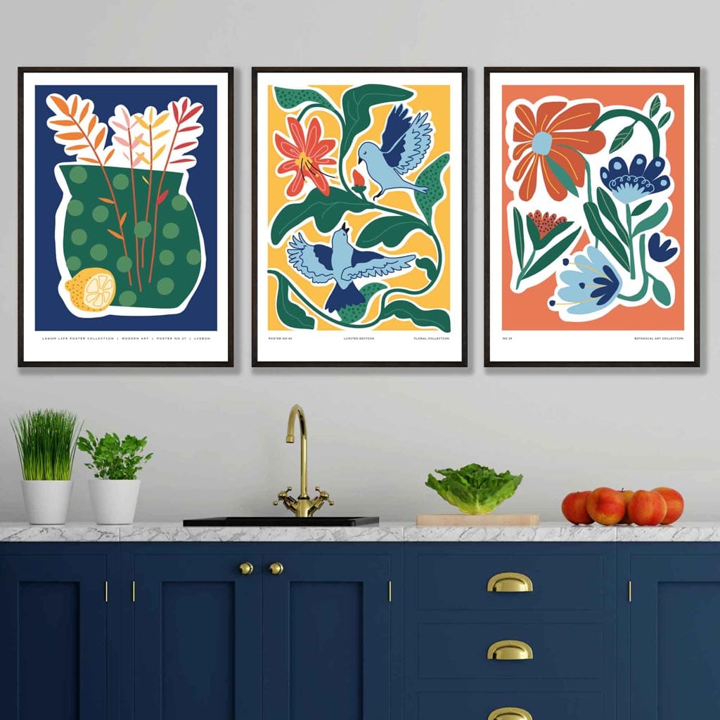 Set of 3 Artisan Floral Posters in Bright Blue, Green and Yellow