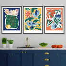 Set of 3 Artisan Floral Posters in Bright Blue, Green and Yellow