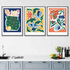 Set of 3 Artisan Floral Posters in Bright Blue, Green and Yellow