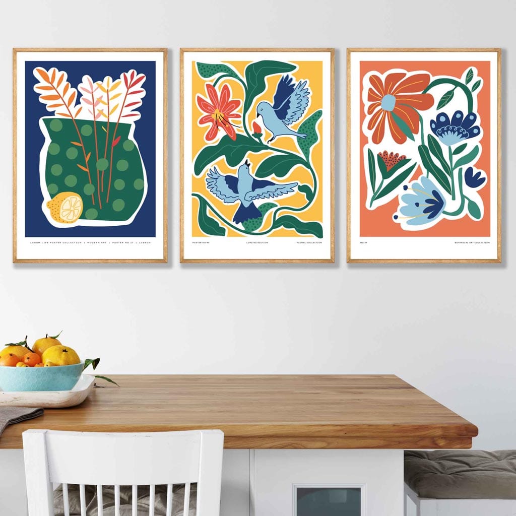 Set of 3 Artisan Floral Posters in Bright Blue, Green and Yellow