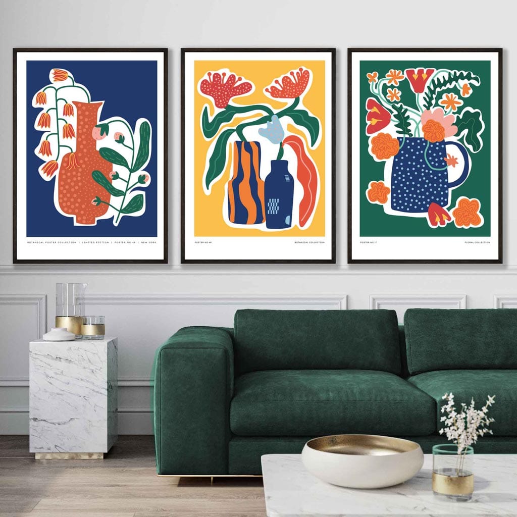 Artisan Colourful Botanical Set of 3 Posters in Blue, Yellow and Green