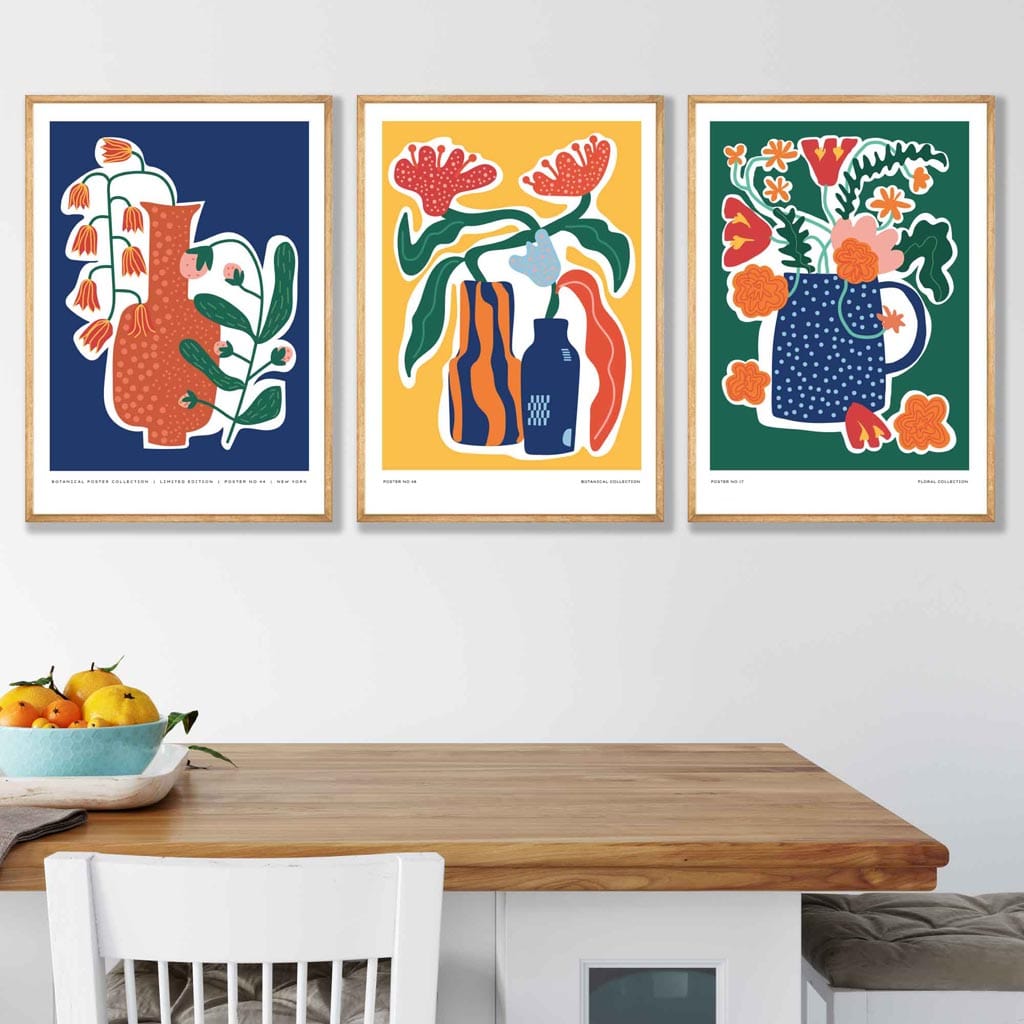 Artisan Colourful Botanical Set of 3 Posters in Blue, Yellow and Green