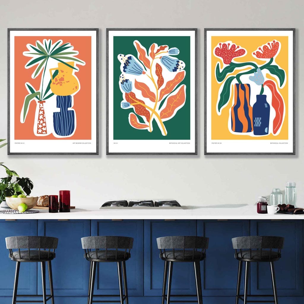 Artisan Botanical Set of 3 Posters in Green, Orange, Yellow