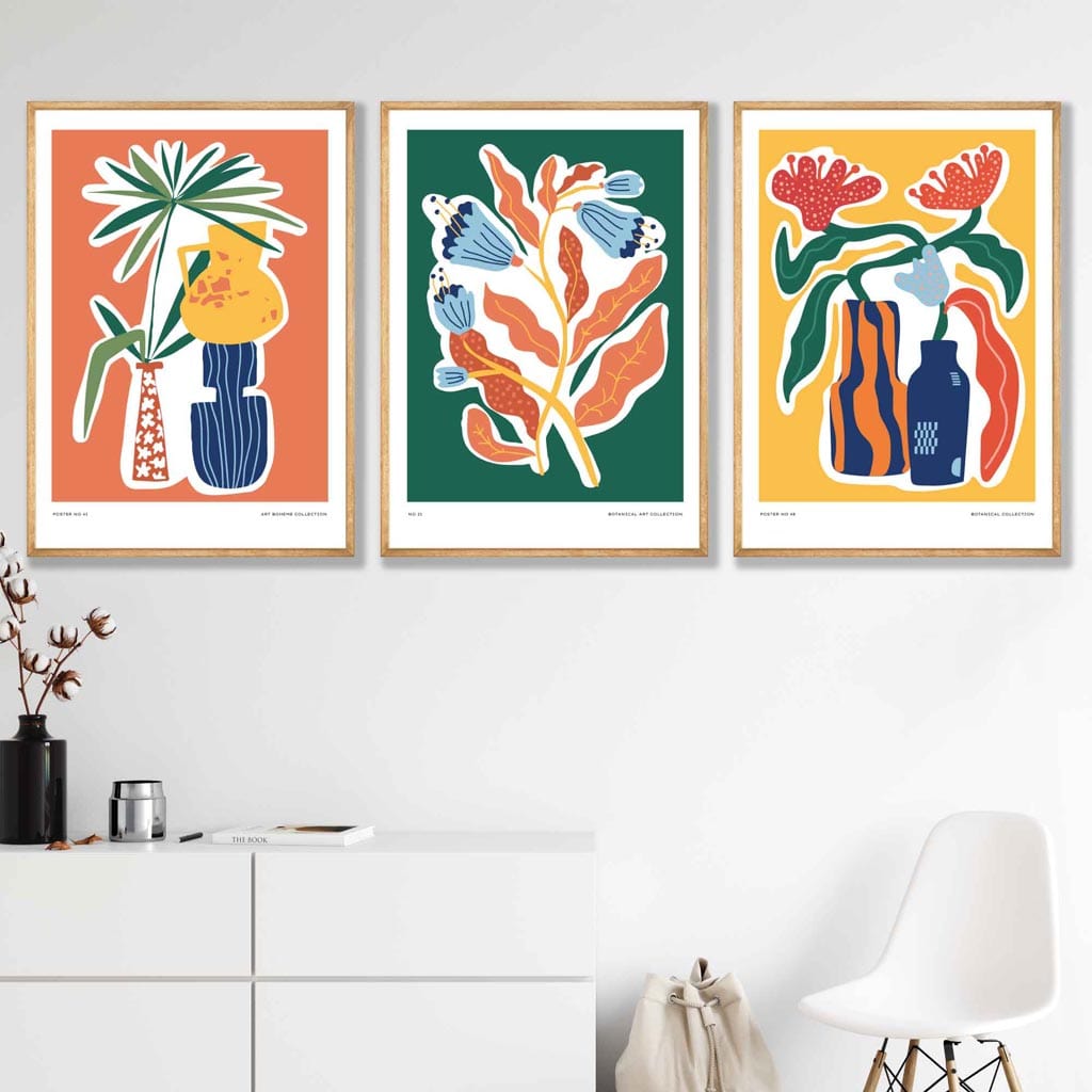 Artisan Botanical Set of 3 Posters in Green, Orange, Yellow
