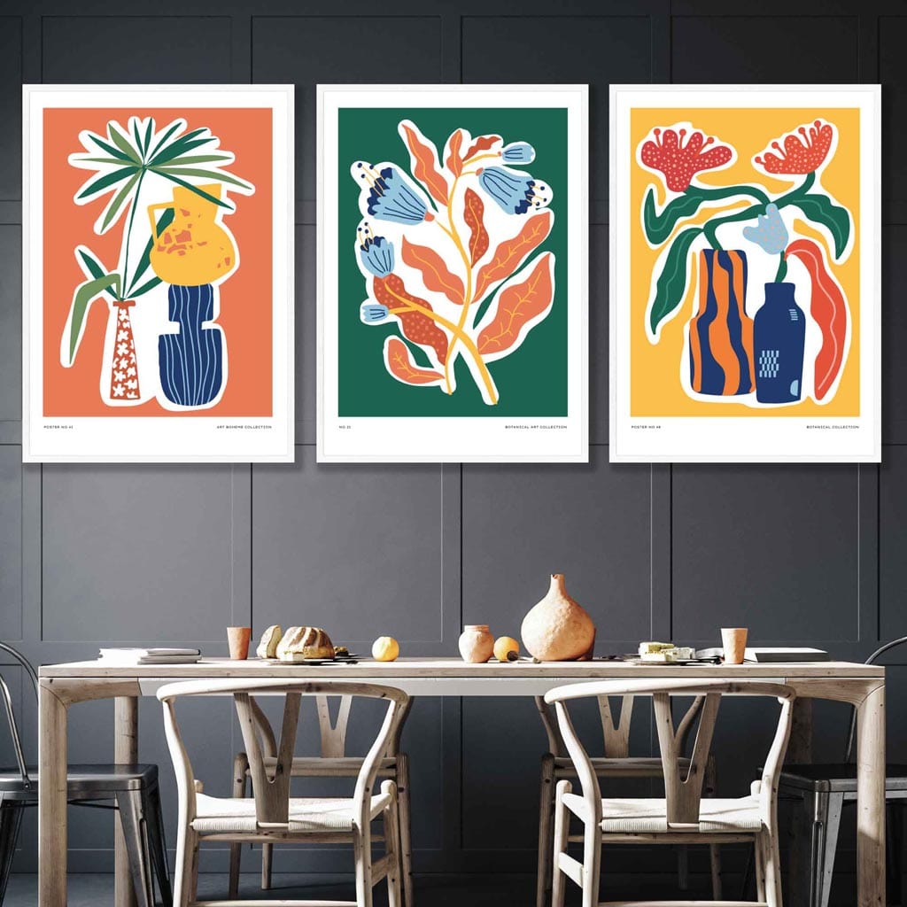 Flower Market Prints in Green, FRAMED Set of 3 with Flowers of London, Edinburgh, Dublin | Artze Wall Art UK
